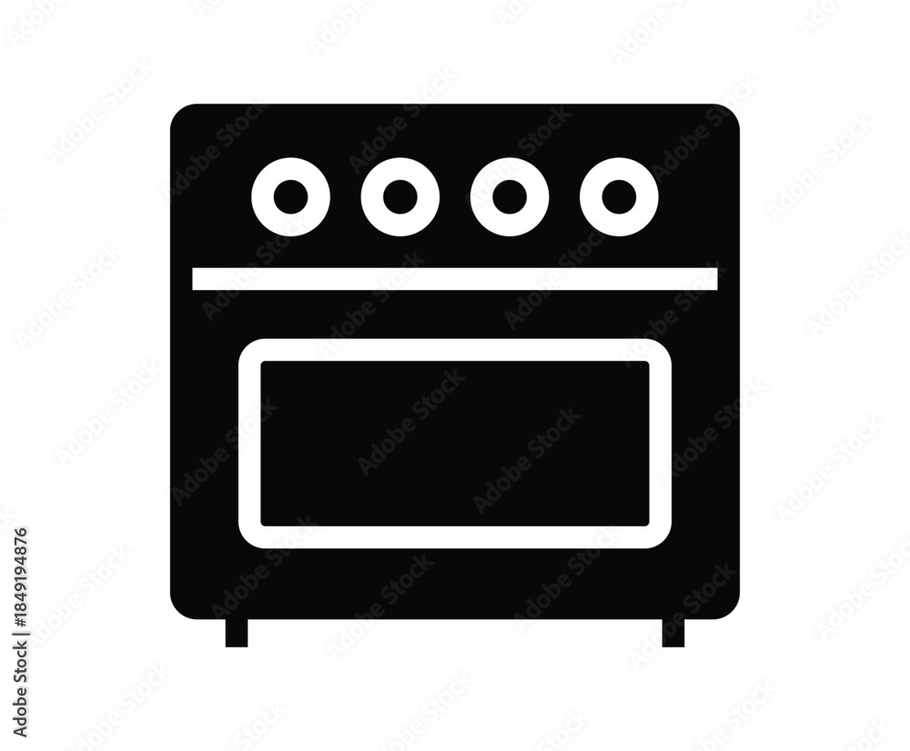 Fototapeta premium Black Icon of Kitchen Oven with Knobs and Window for Cooking and Baking