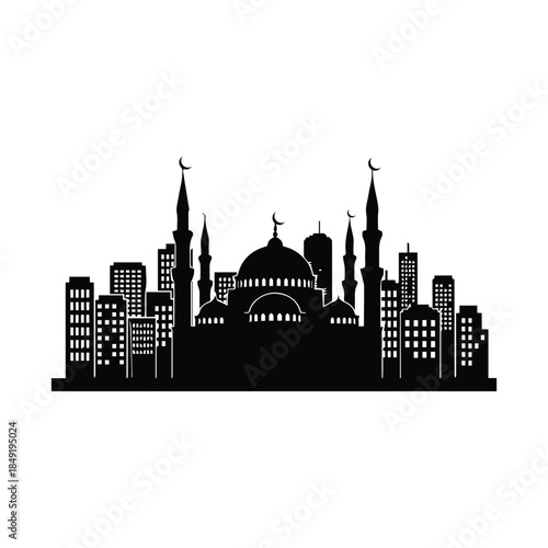 Silhouette of a city with mosque Vector, illustration