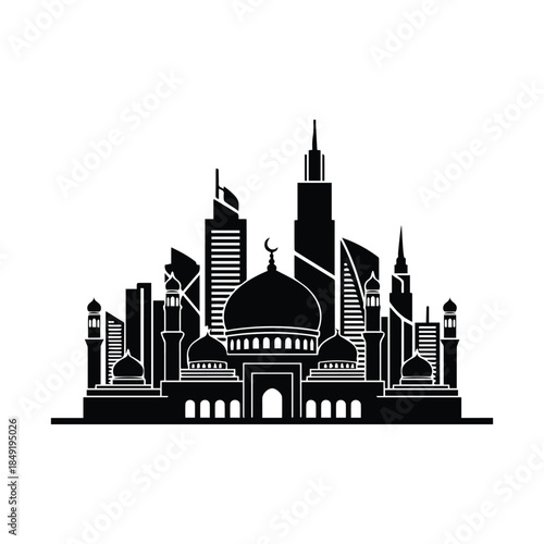 Skyline with mosque and modern buildings Vector, illustration