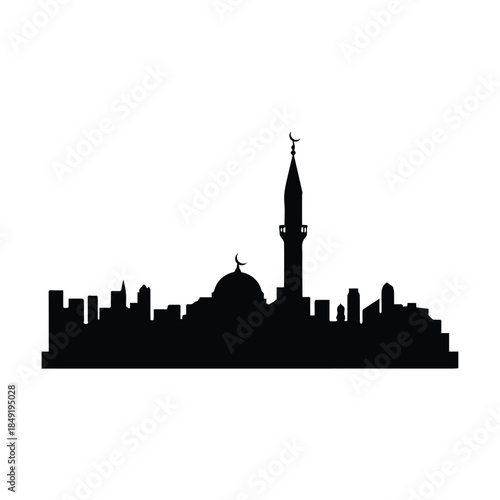 Silhouette of a city with a mosque and minaret Vector, illustration