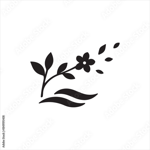  Silhouette flower with leaves and waves vector illustration