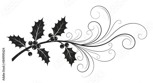 A graceful depiction of holly sprigs and swirling flourishes in black silhouette