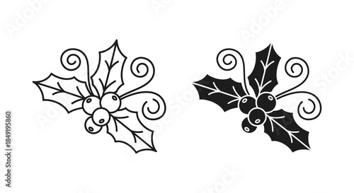 Two elegant holly branch illustrations presented in a stark black and white style silhouette