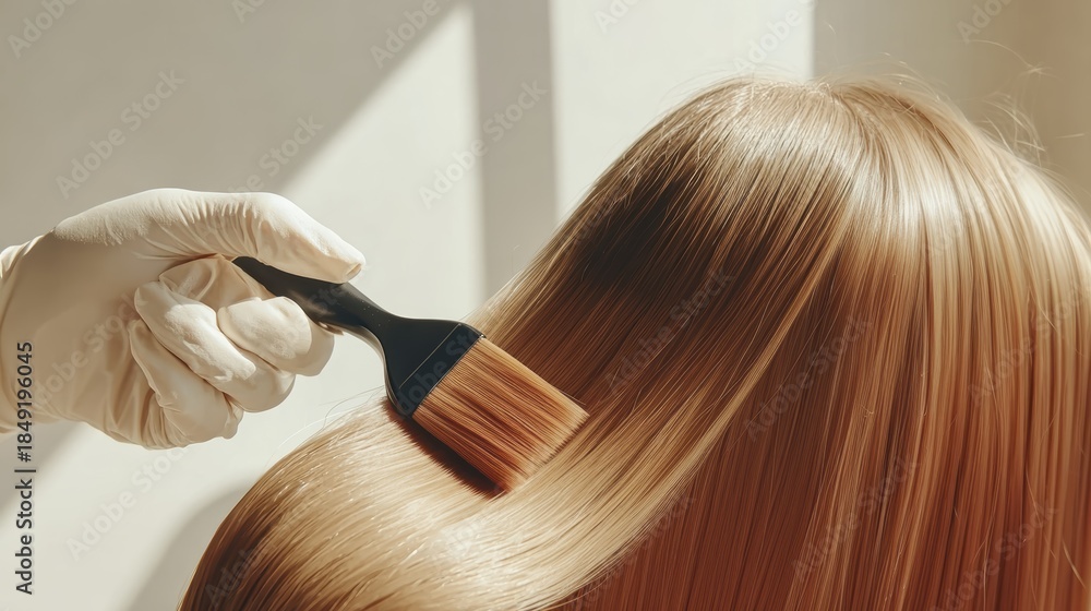 Naklejka premium Blonde hair coloring with brush and gloves in bright sunlight