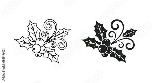 Detailed holly branch designs one line art and one solid black a festive silhouette