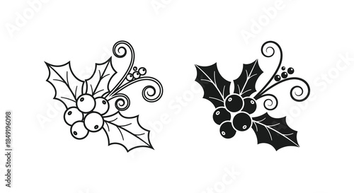 Elegant holly branch designs with berries and swirling foliage a beautiful black silhouette