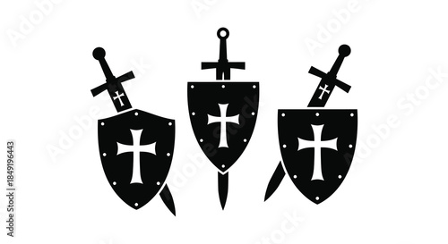 Three medieval shields and swords arranged in a symmetrical composition a striking silhouette