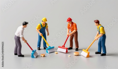 Miniature workers clean up crumbs on a flat surface during a sunny afternoon scene