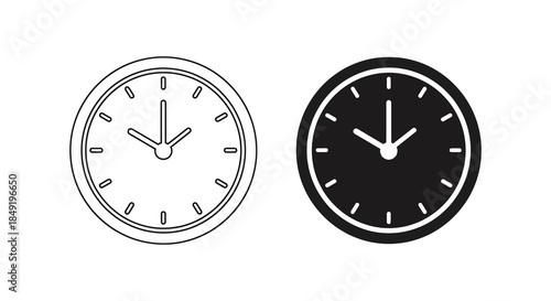 Two circular clocks displaying different times presented in a stark black and white silhouette