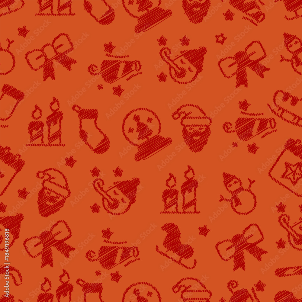 Fototapeta premium Seamless Pattern Christmas Red Grunge Scribble Icons Orange Background.Vector Illustration