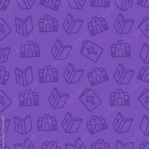 Bible Church Seamless Pattern Christian Purple Background.Vector Illustration