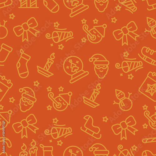 Christmas Outline Icon Seamless Pattern Orange Background.Vector Illustration