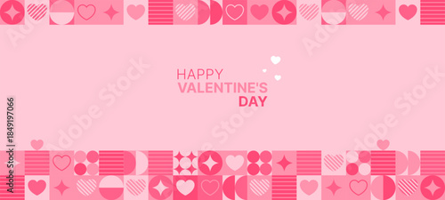 Happy Valentines Day text on pink background with geometric hearts and shapes. Celebration of love and romance for banner design.