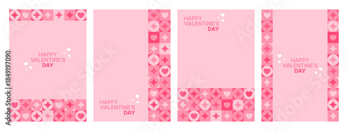 Collection of pink geometric patterns with hearts and Happy Valentines Day text. Romantic background for greeting card, social media and poster.