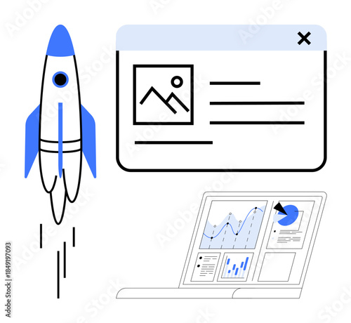 Business strategy, startup growth, digital marketing, data visualization, project management, website development. Rocket launch, popup interface analytics dashboard. Startup growth and digital