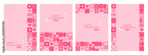 Collection of four pink Valentines day social media stories with geometric pattern and hearts for romantic greeting card template