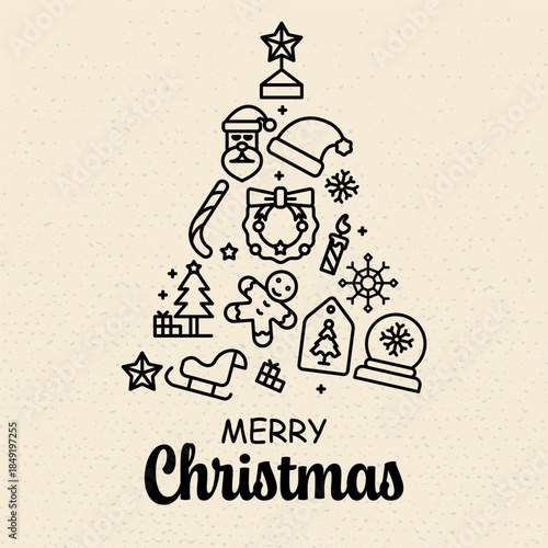 Merry Christmas Greeting Card Triangle Shape Christmas Tree Icon Black Elements Beige Background.Vector Illustration