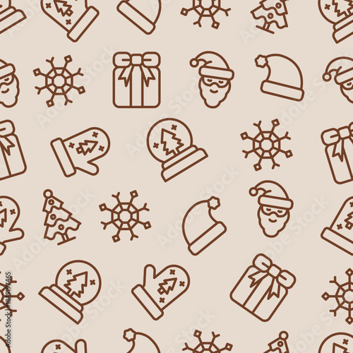 Seamless vector pattern featuring repeating outline icons of classic Christmas elements in a warm brown color on a pale beige background.