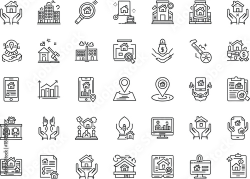 Real estate line icons set property housing home insurance investment location analytics vector illustration collection for realty business marketing solutions