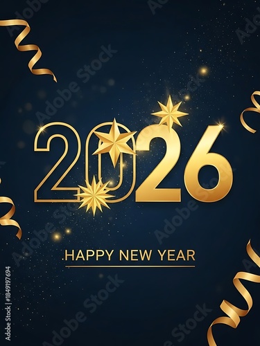Happy new year 2026 gold text with stars and ribbons on dark background