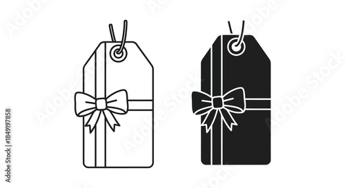 Two gift tags with bows depicted in a linear and filled black silhouette
