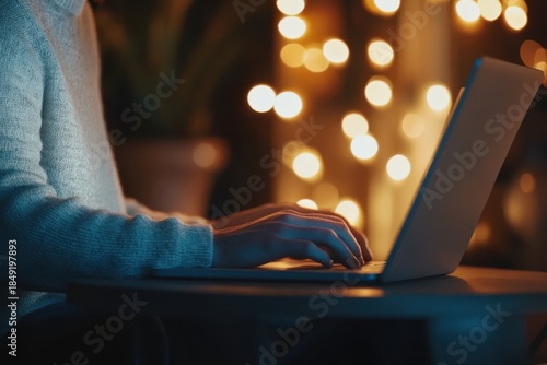 A person's hands are typing on a laptop computer with soft lights in the background.