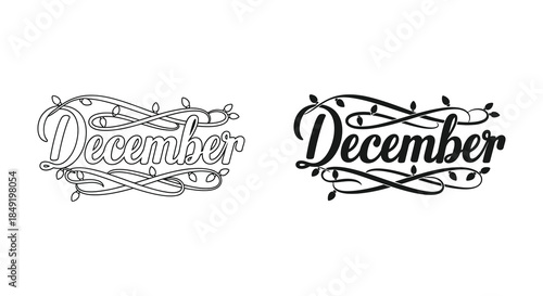 Two decorative handwritten renderings of the month december showcase elegant calligraphic flourishes silhouette