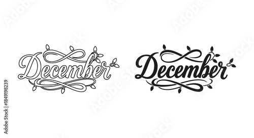 Elegant december calligraphy designs in black and white showcasing decorative flourishes and a silhouette