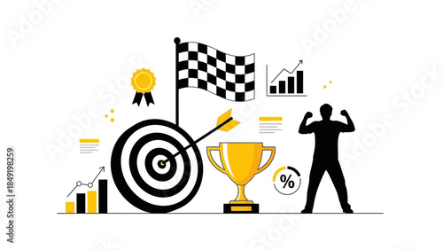 Abstract vector background featuring a businessman and a woman with shopping bags alongside a set of glass icons and drink symbols for a modern business design concept