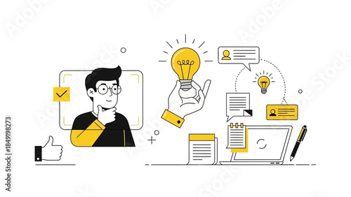 A businessman hand drawing a glowing light bulb idea icon surrounded by digital technology symbols like a laptop and cloud on a modern web communication interface