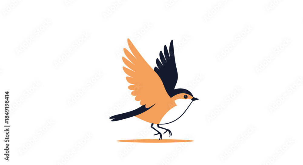 Fototapeta premium A simple and elegant stylized illustration of a small bird in orange and dark navy colors, preparing to take flight.