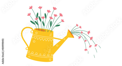 A whimsical yellow watering can filled with blooming pink flowers, with more flowers magically pouring from its spout.