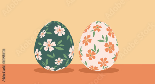 Two beautifully decorated Easter eggs with delicate white and orange floral patterns, resting on a flat surface for a design.