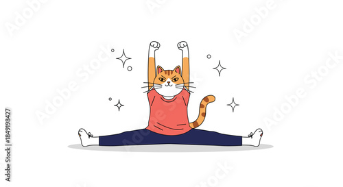 A funny cartoon ginger cat wearing workout clothes, confidently performing a perfect split stretch with sparkles all around.