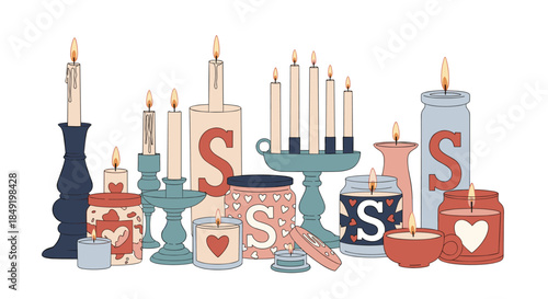 A large and cozy collection of various decorative burning candles in different holders, jars, and shapes for home decor.