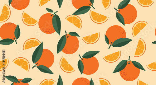 A bright and fresh seamless pattern featuring whole oranges with green leaves and juicy citrus slices on a light background.