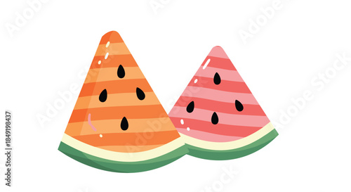 Two cute and stylized triangular slices of juicy watermelon with black seeds, illustrated with colorful striped patterns.