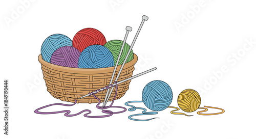 A charming illustration of a wicker basket filled with colorful balls of yarn and several knitting needles for a craft hobby.