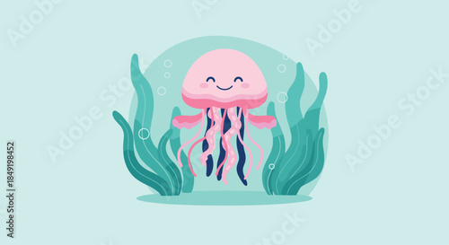 An adorable pink cartoon jellyfish with a happy smiling face swimming gracefully among green seaweed under the water.