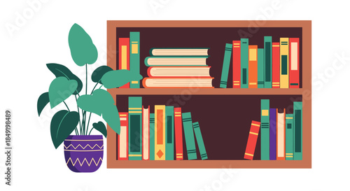 A cozy wooden bookshelf filled with colorful books, with a lush green potted houseplant sitting beside it for home decor.