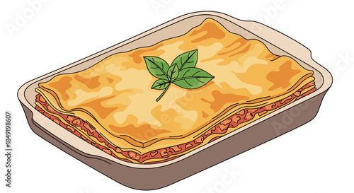 A delicious, freshly baked pan of classic Italian lasagna with a basil garnish, shown in a cartoon illustration.