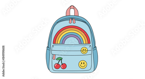 A cute light blue children's backpack decorated with a rainbow and cheerful patches, isolated on a white background.