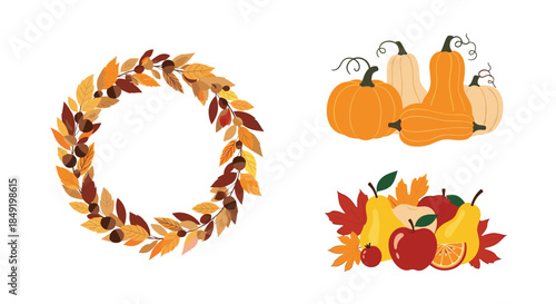 A set of beautiful autumn compositions including a fall wreath, pumpkins, and harvest fruits for Thanksgiving decorations.