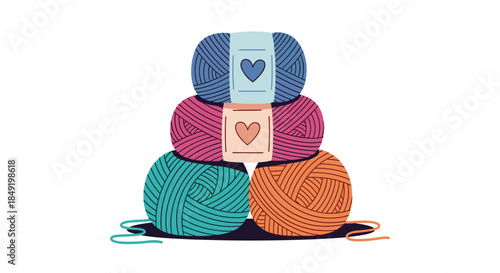 A colorful stack of cozy yarn balls with heart labels, perfect for knitting and crochet hobbies and crafts.