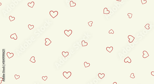A simple and sweet seamless pattern of small, hand-drawn red outline hearts on a soft, light-colored background.