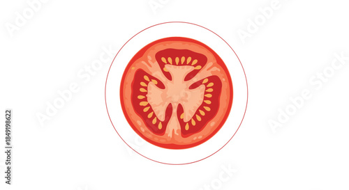 A vibrant, top-down view of a fresh red tomato slice, perfect as a food icon or design element.
