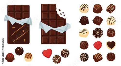 A delectable collection of chocolate bars and assorted gourmet chocolate candies, pralines, and truffles for dessert.