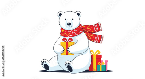 A cute cartoon polar bear in a festive red scarf sitting with Christmas presents, isolated on a white background.