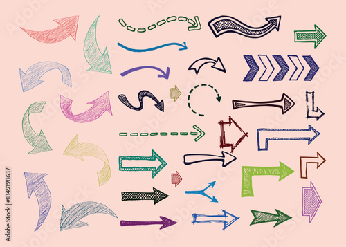 Hand Drawn Arrow Set, Doodle Arrows Collection, Colorful Sketch Arrows, Directional Arrow Icons, Curved, Straight, Loop, Creative Arrow Elements for Design, Infographic and Web UI