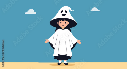 An adorable cartoon girl wearing a cute and friendly ghost costume for a Halloween trick-or-treating celebration.
